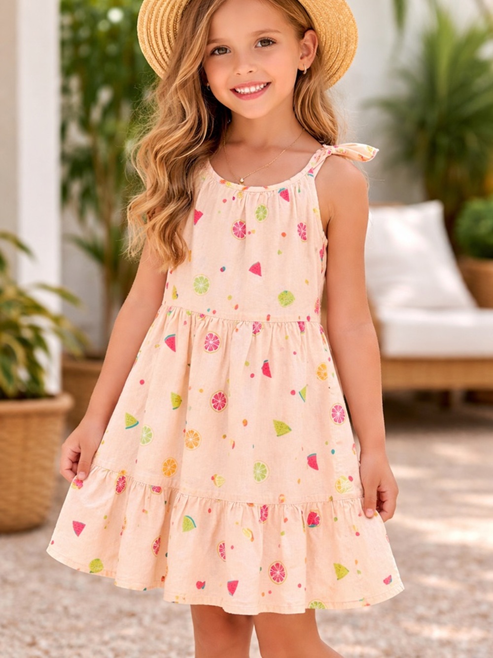Beebay Girls' Pink Citrus Print Ruffle Shoulder Strap Sundress. Size 6